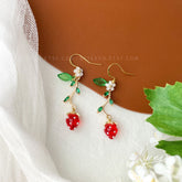 Strawberry Earrings - Strawberry Flower Leaf - Fruit Earrings - Cute - Creative Earrings - Gift - Handmade Earring